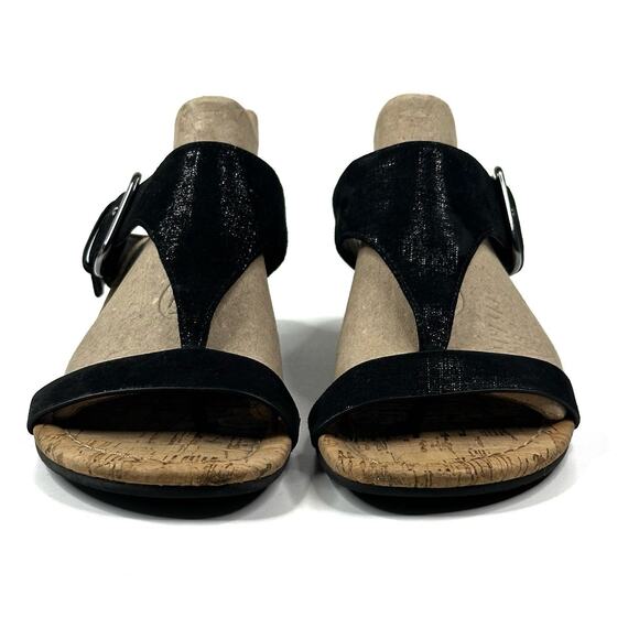 Donald J. Pliner Dylan Cork Wedge Thong Sandals Womens 7M Black Leather Straps - Picture 4 of 9